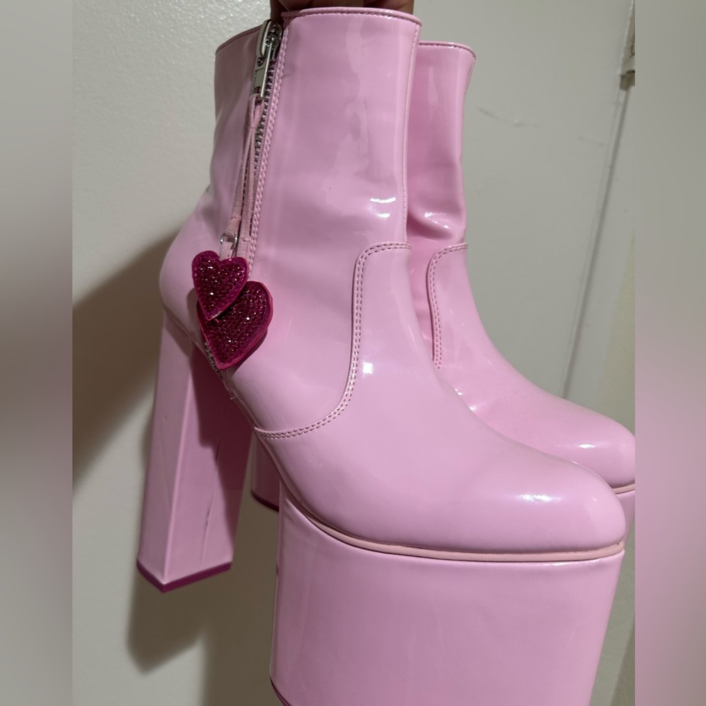 Dolls Kill Glossy Pink Platform Boots with Heart Accents